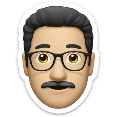 a white man, with straight black hair till the neck, a black mustache and glasses sticker