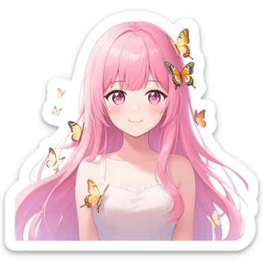 gorgeous shiny blushing anime lady with butterflies and beautiful hair fairycore high quality detailed vogue trending aesthetic sticker