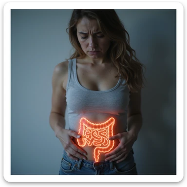 hyperrealistic 4K image of a woman with autoimmune disease, tired and suffering face, hand on abdomen, expression of pain, inflamed intestine highlighted with transparent effect or overlaid anatomical illustration, clinical environment sticker