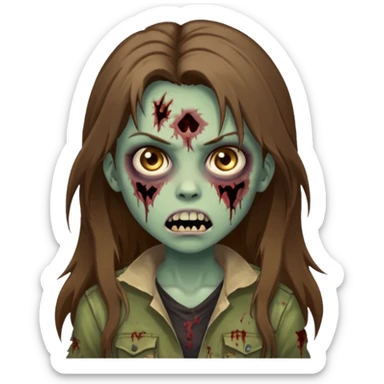 Girl zombie with brown long hair with teeth and serious face iPhone emoji sticker