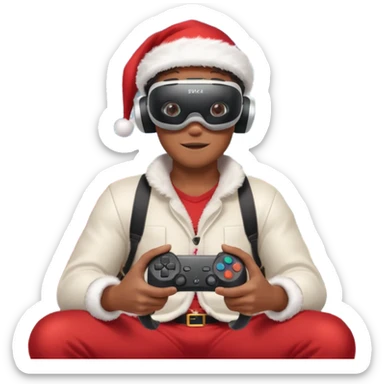 Homme photographe noir, week-end détente, équipé d’un appareil photo pro. Dans un décor Noël chaleureux, Père Noël à côté, sapin illuminé, lumières douces. L’homme porte un casque VR autour du cou ou sur la tête, et une manette PS 2025 dans la main libre. Ambiance festive, réaliste, couleurs nettes sticker