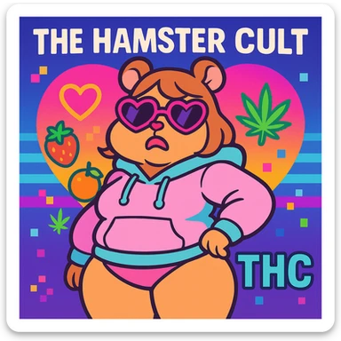 Vibrant, square Discord server icon for 'The Hamster Cult (THC)'. Central character: thick tan anthro cute hamster girl with big thighs, chubby tummy, pouty lips, and a bratty attitude, wearing a pastel hoodie and heart-shaped sunglasses. Colorful, vaporwave-inspired background with neon hearts, fruitger aero and webcore pixel details, weed leaf, subtle 'THC' logo. Minimal or no snacks. Playful, bratty, chaotic but polished, perfect for a Discord icon. sticker