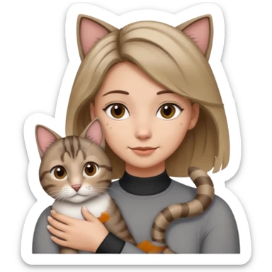 Une femme avec les cheveux dégradée, brun et blond, qui fait un câlin à son chat qui est gris, tigré avec les extrémités oreille patte et queue noir  sticker