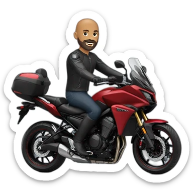 Bald man with short beard on red Yamaha Tracer 9 sticker
