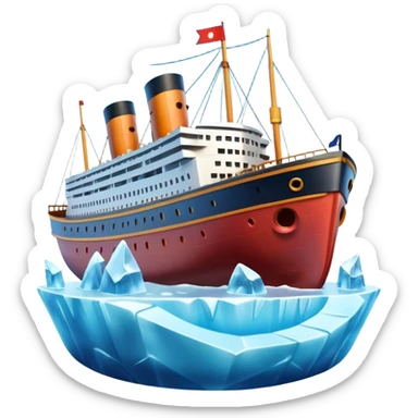 Apple Memoji style: cute cartoon Titanic ship with expressive shocked face, large eyes, open mouth, sailing toward a smiling mischievous iceberg, glossy icy texture, Pixar-level 3D rendering, cartoon realism, floating in a dark blue sea under a moonlit sky, vivid colors, soft shadows. sticker