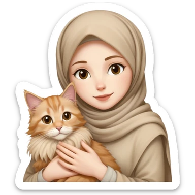White girl wearing hijab holding nude mainecoon cat sticker