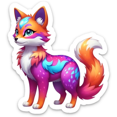 Vibrant multicolored neon-colored Falvie-Fionbri-creature-sparkle-feline-canine-hybrid-fursona, full body, fur pattern-markings sticker