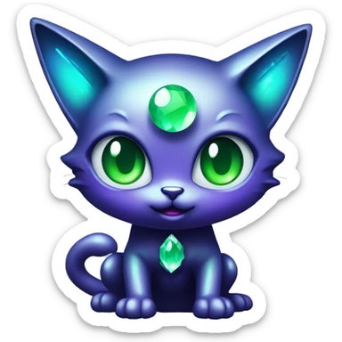 Shiny, Sparkly, Black Dark-type--Psychic-Ice-type-Fakémon-Alien-Cat Blind Purple eyes, green gem, full body sticker