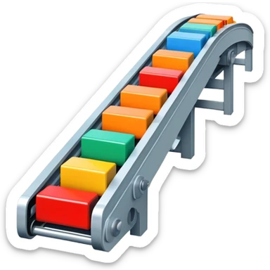 Conveyor belt moving small colored blocks in a row, representing an automated system sticker