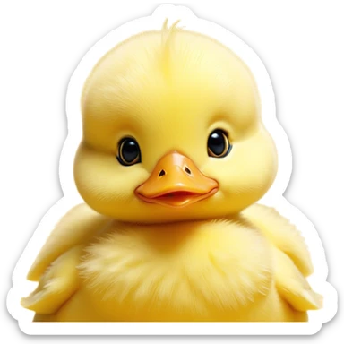 Cinematic Cute Yellow Baby Duck Portrait Emoji, Head tilted playfully and inquisitively, featuring a fluffy, vibrant yellow downy coat with a tiny delicate beak, round, sparkling eyes filled with curiosity, Simplified yet irresistibly adorable features, highly detailed, glowing with a warm, friendly glow, high shine, affectionate and spirited, stylized with a touch of playful whimsy, bright and endearing, soft glowing outline, capturing the essence of a mischievous yet loving duckling, so playful it feels like it could peep out of the screen and into your arms! sticker