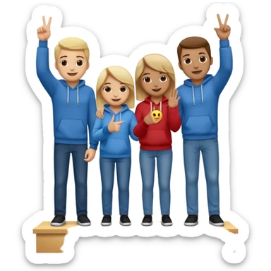 three people standing on a winners’ podium with no numbers, each on their own step, dressed casually in fun relaxed clothes like jeans t-shirts hoodies, center person holding up one finger on each hand showing they’re number one, cheerful expressive emoji style sticker