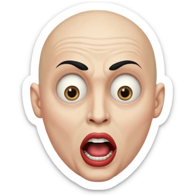 a bald cabaret actor with a white, dry, long, made-up face and heavily made-up eyes and mouth, a huge, wide-open mouth and a startled look sticker