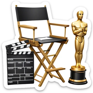 Icon for Directing: a director's chair, a film slate, a megaphone, a stack of script papers and an Oscar statuette. The icon should represent the creative and leadership aspects of directing, with focus on film and theater production. Transparent background. sticker