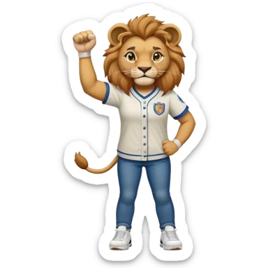 confident anthropomorphised female lion wearing a baseball shirt, jeans, trainers, raising a fist in the air, strong and determined expression sticker