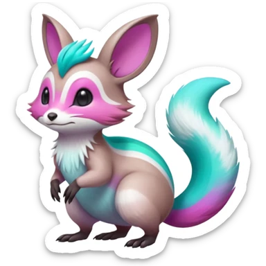 Iridescent Neon Green-Cyan-Magenta-gradients Minccino-Emolga-Numbat-Sergal-fusion-hybrid-animal-creature, full body sticker