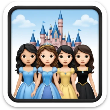 Quiero que crees una imagen donde este el castillo de Disney y por detrás o delante pon a 4 chicas: una con el pelo largo rizado marrón , otra con el pelo muy corto negro, otra con el pelo mediano liso marrón y otra con el pelo negro largo liso sticker
