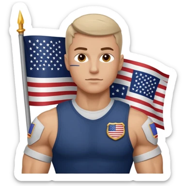 generate white powerful american soldier with small usa flag on shoulder sticker