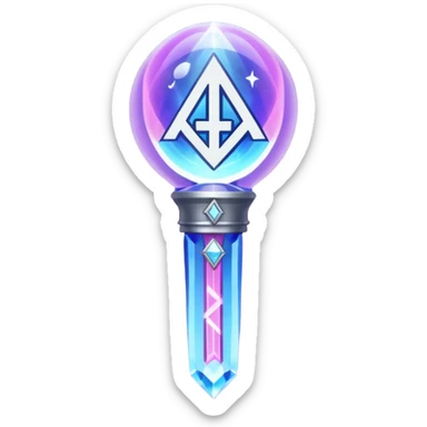 A magical K-pop lightstick for Huntrix (from K-Pop Demon Hunters): crystal dome top with a glowing rune and “H” emblem, shifting violet/silver/pink/blue light, sleek rune-engraved handle, charm loop—part idol merch, part mystical weapon. sticker