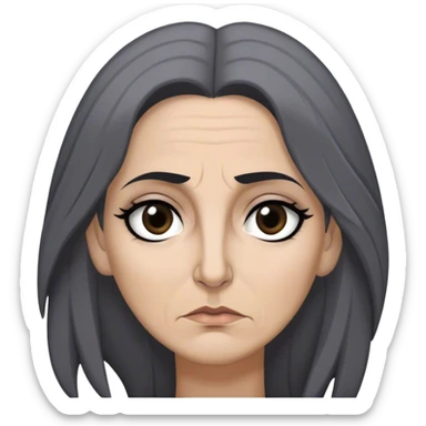 Mirri Maz Duur is a weathered, age 45  woman with deep-set dark eyes, high cheekbones, and a sharp nose, giving her a stern, knowing expression. Her long, unkempt dark hair streaked with gray falls loosely over her shoulders sticker