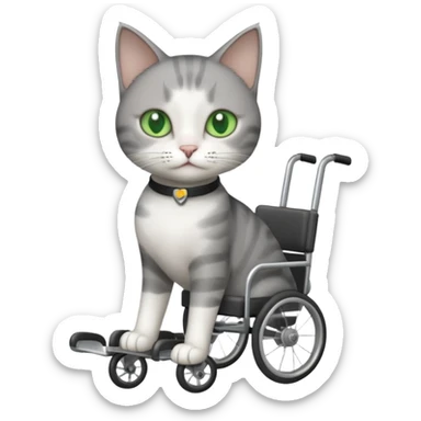 full body small short hair dark grey and white cat with green eyes walking in a wheelchair for cats sticker