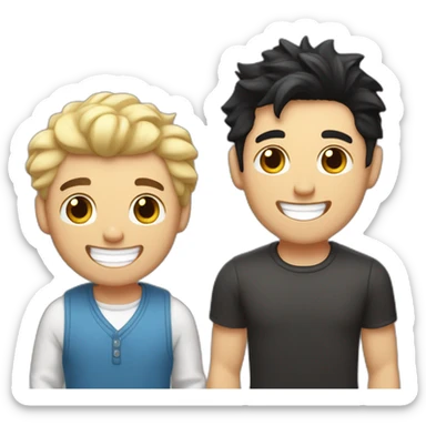 Gay couple, 1 guy Latino black straight hair and 1 Australian white guy with blonde slightly curly hair laughing full body and a cat in the middle sticker