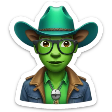 A cow boy with a green skin, with blue glasses and with a youtube logo in his chest sticker