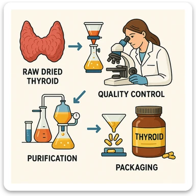 illustrated diagram of the process from raw dried thyroid to finished product capsules and jar, arrows indicating purification, quality control, and packaging steps, educational style, 4K sticker