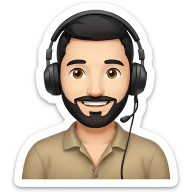 Happy smiling man with black hair, brown eyes, black beard wearing a gaming headset sticker