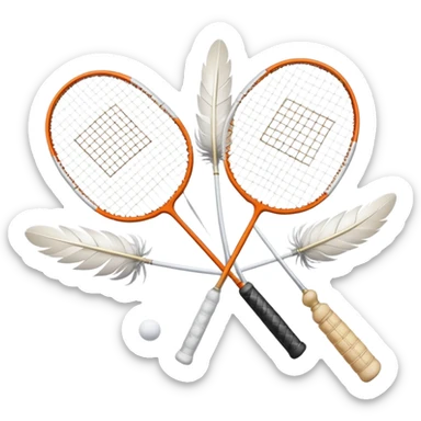 Two crossed badminton rackets with a shuttlecock resting in between, set against the faint outline of a badminton court. The image highlights the tools of the sport, with a subtle emphasis on the court's net and boundaries, symbolizing competition and skill. sticker