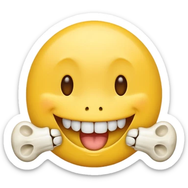 happy emoji with a yellow bone halfway out their mouth sticker