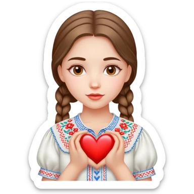 beautiful young girl wearing a white Ukrainian embroidered shirt with a big heart sticker