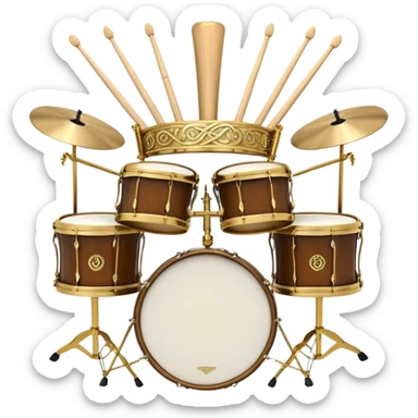 Create a complex, festive, and professional emblem-like emoji representing percussion instruments. The design should resemble a heraldic crest, featuring iconic drums and percussion such as a snare drum, bass drum, timpani, cymbals, marimba, and tambourine, arranged in a balanced and symmetrical composition. Drumsticks should cross elegantly at the center, symbolizing rhythm and energy. A flowing ribbon of musical notes should weave dynamically around the instruments, enhancing the celebratory and grand aesthetic. Ornate elements such as laurel wreaths, swirls, or subtle engravings should emphasize the prestige and importance of percussion in music. The color palette should include rich gold, deep mahogany, and silver, with refined highlights and shading for a polished, three-dimensional effect. The overall composition should be harmoniously structured, visually complete, and suitable as a standalone emblem. The background should be transparent. sticker