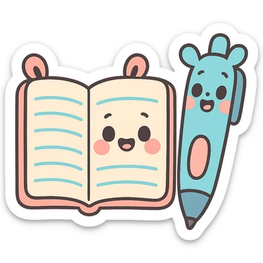 cute open notebook and a pen with ears, pastel toon style, cartoonish sticker