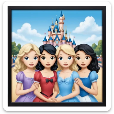 escribe el nombre Disneyland Paris y para titulo, pon a quatro chicas: una pelo corto negro, una pelo rizado largo, una pelo largo liso y la otra pelo ondulado mediano, esta con el ojos azules. Haz un cuadrado rectangular grande y por los lados pon a las chicas que te he descrito sticker