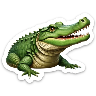 cinematic-crocodile-realistic-full-body-lounging-emoji,-massive-scaled-body-partially-submerged-in-shallow-water,-head-tilted-dramatically,-rough-green-and-brown-hide-textured-with-deep-ridges,-simplified-yet-realistic-focused-features,-highly-detailed,-glowing-with-an-almost-sarcastic-glow sticker