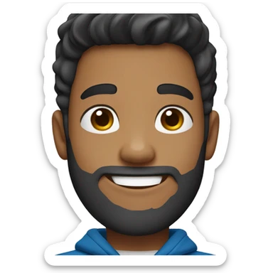 A cheerful young male digital avatar with medium skin, large brown eyes, black medium pompadour hairstyle, beard medium , a bright smile, and a mole on the left cheek, wearing a blue hoodie. sticker