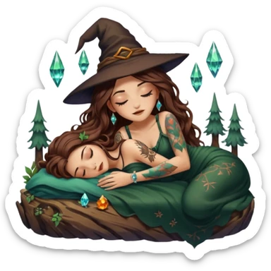 cute forest witch woman long wavy brown hair tattoos napping on crystal sticker