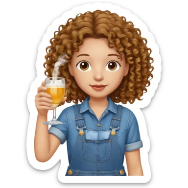 Curly haired curl with brown hair and light skin in overalls toasting with alcohol sticker