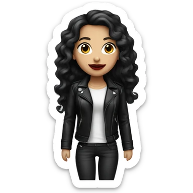 White girl, with long curly black hair, with red lipstick, wearing leather jacket sticker