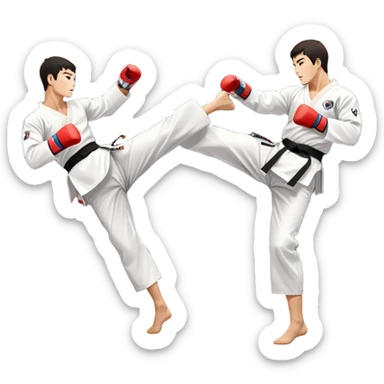 Two taekwondo fighters in traditional white doboks with black belts compete in a dynamic match. One delivers a high kick, while the other blocks using their knee. The background features a professional arena with bright lights and spectators. Transparent background. sticker