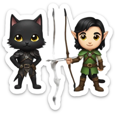 an elf with dark hair, a black cat and shortbow sticker
