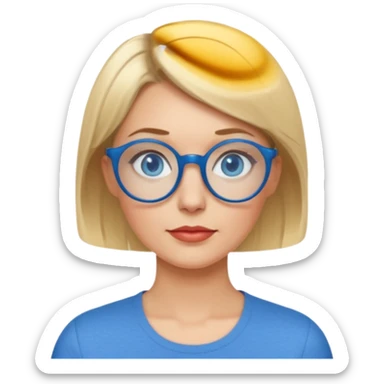 femme 40 ans cheveux très courts blond avec raie sur le coté, yeux bleu et lunettes rondes bleues sticker