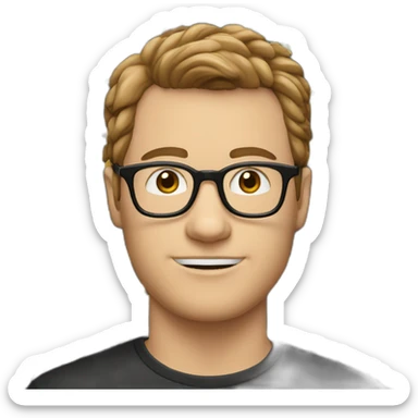 white guy with short brown hair up unshaved wearing glasses and dark t-shirt with flowers print sticker