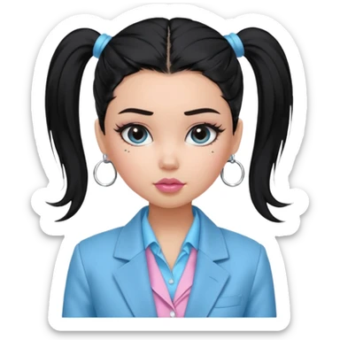 generate a pretty bratz girl with black hair tied up in a single ponytail. wearing a light blue full sleeve shirt and a black blazer over it. silver small hoops, pink lipgloss.  sticker