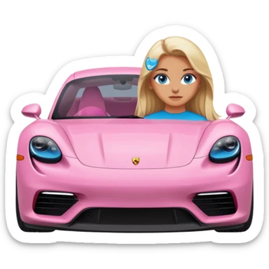 pink Porsche taycan with blonde girl, long hair, blue eyes, front view point of view, no sunglasses, sexy sticker