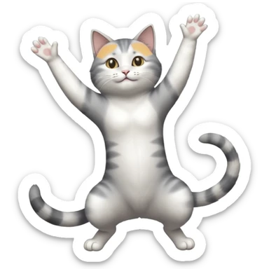 grey and white cat doing a big long stretch reaching up into the air with arms and legs together sticker