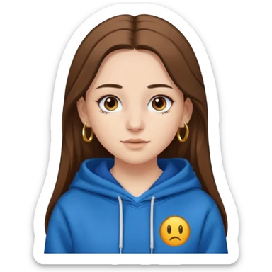 teen girl, white skin, long brown hair middle parted, brown eyes, blue hoodie eyelashes and gold earrings sticker