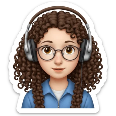 brunette kid with unique face features and very curly long hair kid girl neutral and very big nose and ears and dark eyes with freckles kind of nerd looking and headphone wearing no glassess just nose piercing very big one sticker