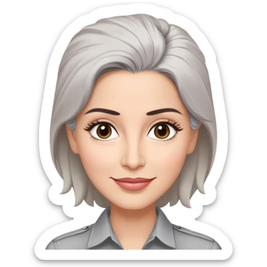 Puerto Rican actress Marian Pabón with elongated face, light pinkish skin, almond-shaped expressive eyes, straight nose, well-defined lips with wide smile, arched eyebrows, pronounced cheekbones, short spiky gray hair like a man's cut, wearing a white buttoned shirt sticker