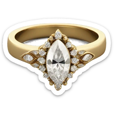 A marquise diamond ring with a vintage floral halo, small diamonds around the center stone, and a thin gold band.  Elegant and timeless.  With a men’s gold wedding band.  sticker